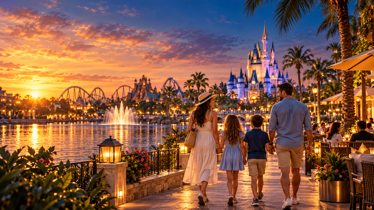 Family walking along an Orlando waterfront at sunset with a castle and roller coasters in the distance