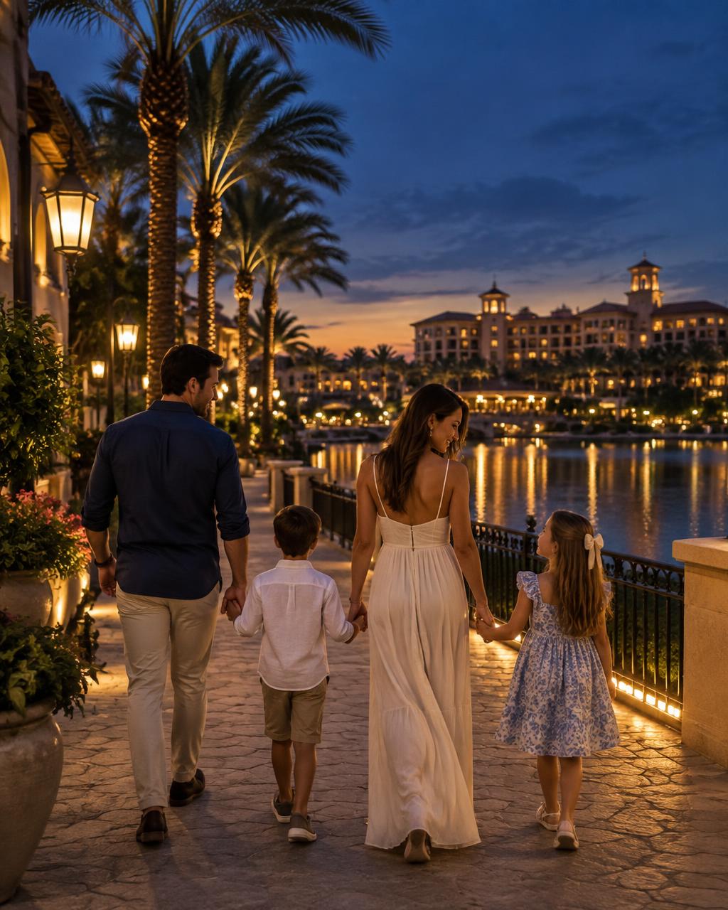 Family walking along a palm-lined Orlando resort promenade at dusk